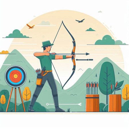Archery sport vector illustration. Cartoon man in bow and arrow shooting target.のイラスト素材