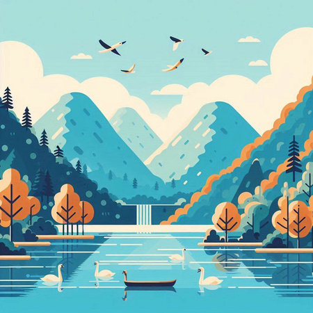 Landscape with lake, mountains and swans. Vector illustration.のイラスト素材
