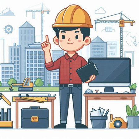 Engineer man with helmet and construction tools. Vector illustration in cartoon style.のイラスト素材