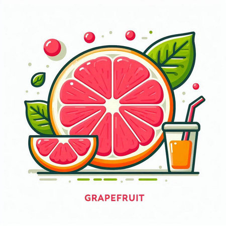 Vector illustration of a slice of grapefruit and a glass of juice.のイラスト素材