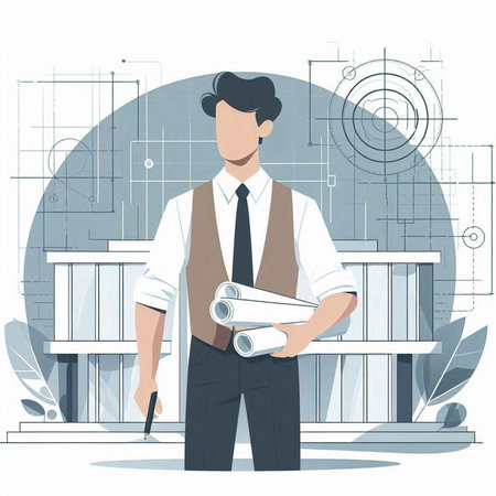 Architect with blueprints on the background of the office. Vector illustrationのイラスト素材
