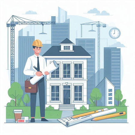 Architect with blueprint on the background of the building. Vector illustrationのイラスト素材
