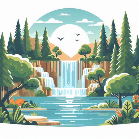 Waterfall in the forest. Waterfall in the forest. Vector illustration.のイラスト素材