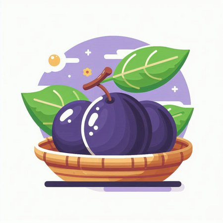 Plum in a basket. Vector illustration in a flat style.のイラスト素材