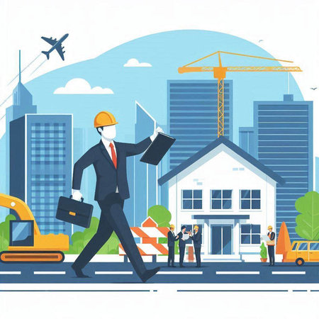 Vector illustration of construction worker with helmet and briefcase on urban backgroundのイラスト素材