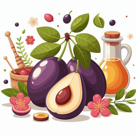 Vector illustration of plum oil in a glass bottle and fresh fruits.のイラスト素材