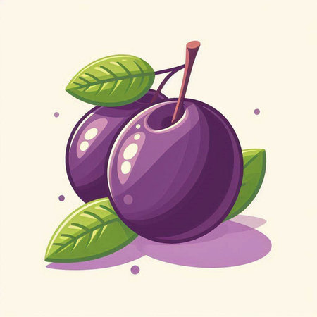Illustration of fresh ripe plums with leaves on a white backgroundのイラスト素材