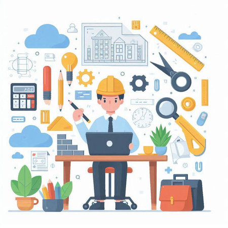 Engineer or architect working with computer. Vector illustration in flat styleのイラスト素材