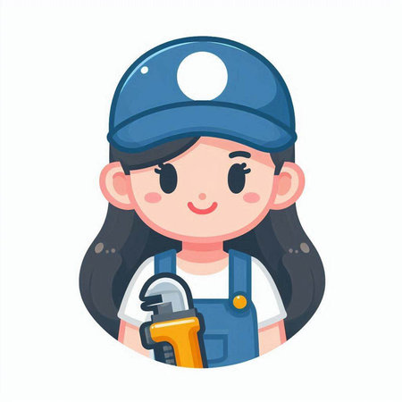 Plumber woman in uniform with wrench. Vector illustration in cartoon style.のイラスト素材