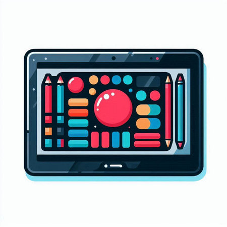 Tablet computer with graphic design elements. Flat style vector illustration.のイラスト素材