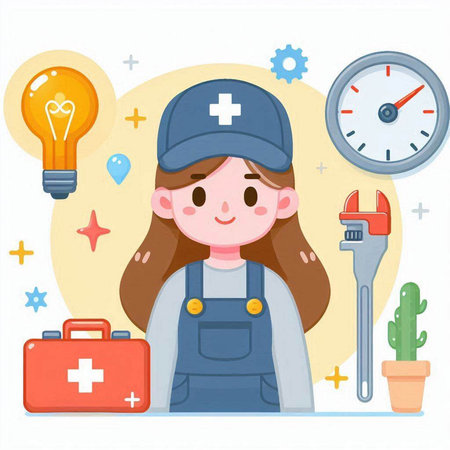 Female plumber in overalls with tools and instruments. Vector illustration.のイラスト素材