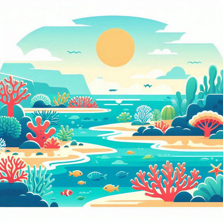 Underwater landscape with corals and fishes. Vector illustration in flat style.のイラスト素材