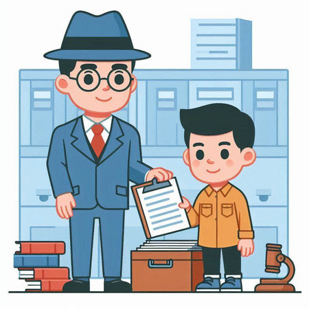 Vector illustration of a detective and a boy with a folder in his handsのイラスト素材
