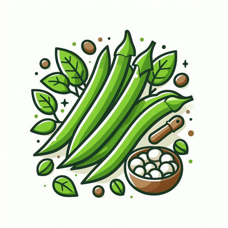 Green beans vector icon. Illustration of green beans with leaves, seeds and wooden bowl.のイラスト素材
