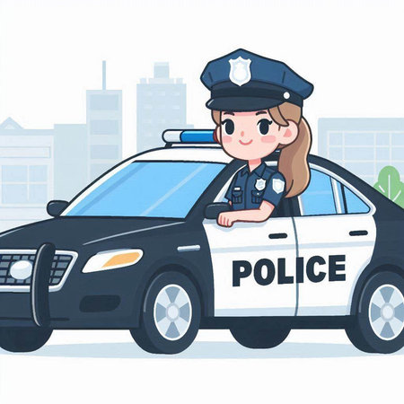 police woman and police car on the background of the city vector illustrationのイラスト素材