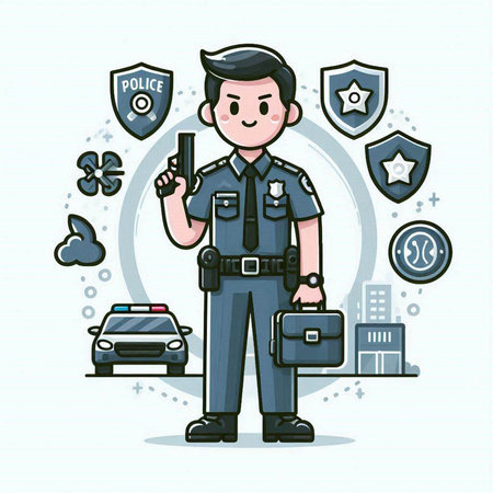 Policeman with security symbols. Vector illustration in cartoon style.のイラスト素材