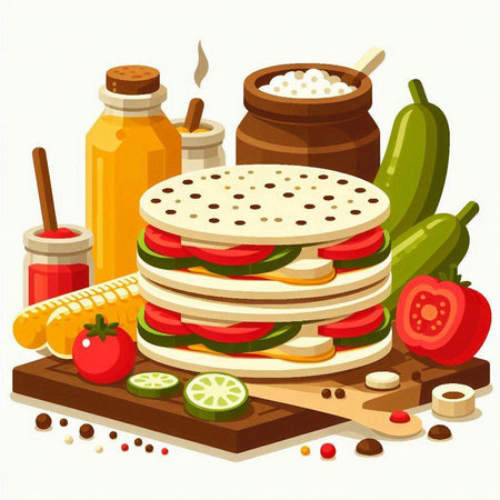 Vegetarian food. Vector illustration in flat cartoon style. Tomato, cucumber, onion, pepper, corn, olive oil, spices.のイラスト素材