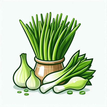 Vector illustration of fresh green onions in a clay pot on a white backgroundのイラスト素材