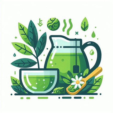 Green tea in a glass teapot and a spoon. Vector illustration.のイラスト素材