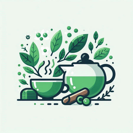 Green tea flat line icon. Vector illustration of green tea in teapot.のイラスト素材