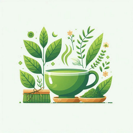 Tea time concept. Vector illustration of a cup of tea with leaves and plantsのイラスト素材
