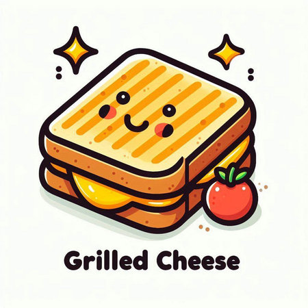 Illustration of a sandwich with cheese, tomato and kawaii characterのイラスト素材