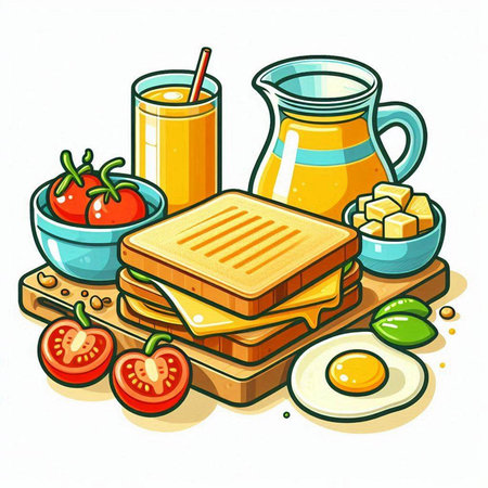 Healthy breakfast. Vector illustration of a sandwich with cheese, tomato juice and egg.のイラスト素材