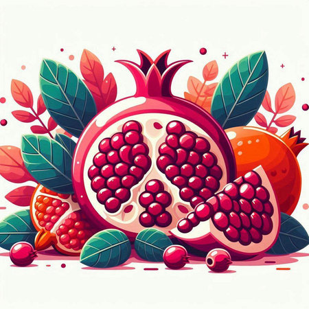 Ripe pomegranate with leaves and berries. Vector illustration.のイラスト素材