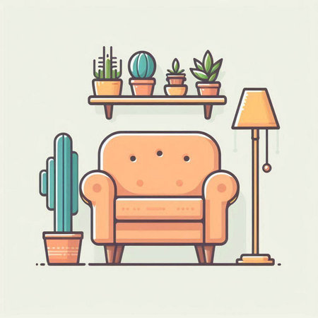 Vector illustration of cozy living room with armchair, lamp, cactus and plants in potsのイラスト素材