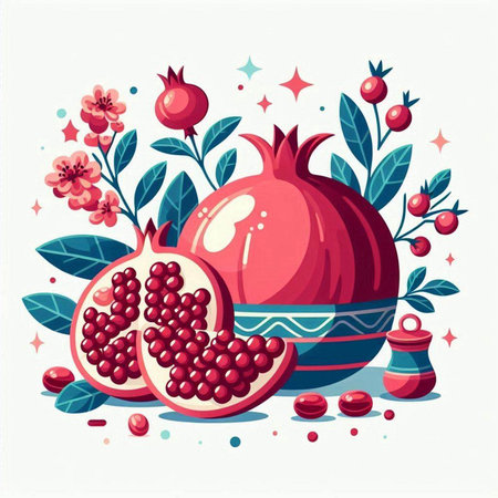 Pomegranate fruit with leaves and berries. Vector illustration.のイラスト素材