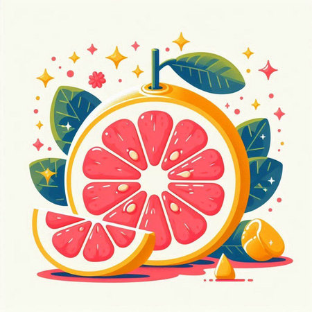 Vector illustration of a juicy grapefruit on a light background with leaves.のイラスト素材