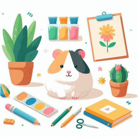 Cute guinea pig and school supplies. Vector illustration in cartoon style.のイラスト素材