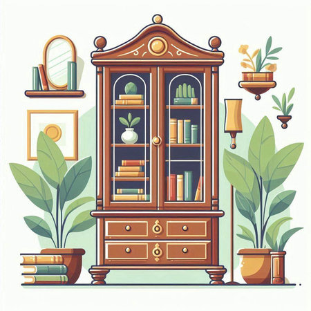 Bookcase with books and plants. Vector illustration in flat style.のイラスト素材