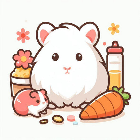 Cute hamster with carrot and milk bottle, vector illustration.のイラスト素材