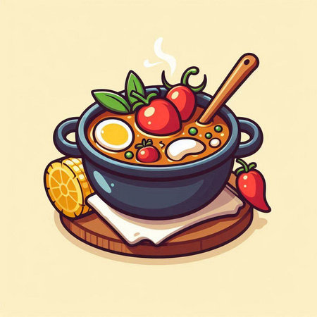 Soup with tomato and egg in a pot. Vector illustration.のイラスト素材