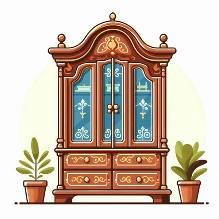 Cabinet with windows and plants. Vector illustration in cartoon styleのイラスト素材