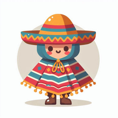 Cute cartoon girl in Mexican sombrero costume. Vector illustrationのイラスト素材
