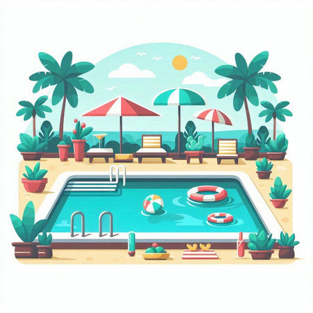 Swimming pool with palm trees, sun umbrellas and lifebuoy. Isolated vector illustrationのイラスト素材
