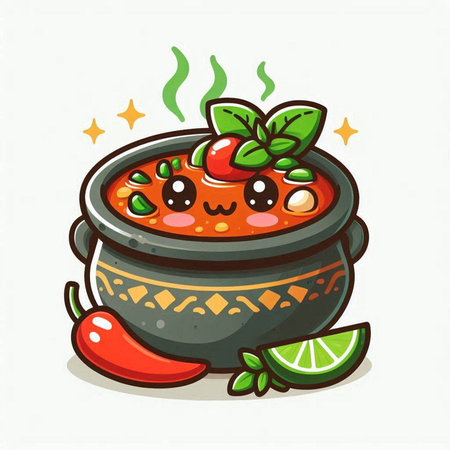 Cute cartoon tomato soup in pot on white background. Vector illustration.のイラスト素材