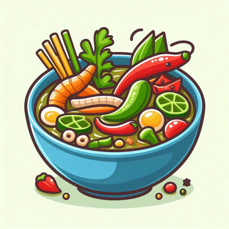 Vector illustration of a bowl of spicy soup with vegetables and seafood.のイラスト素材