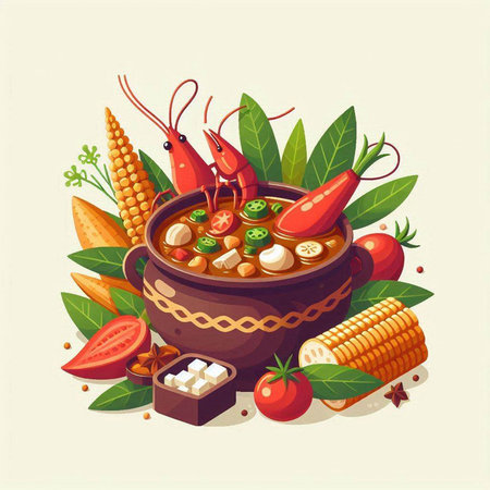 Soup with vegetables and seafood in a pot. Vector illustration.のイラスト素材