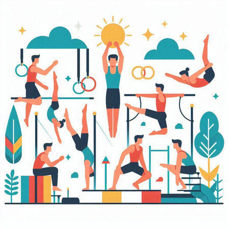 Vector illustration of men and women doing gymnastics in the park.のイラスト素材