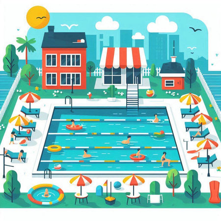 Swimming pool in summer flat vector illustration. Swimming pool with people and umbrellas on the background of cityscape.のイラスト素材