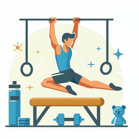 Man doing pull-ups on gymnastic rings. Flat vector illustration.のイラスト素材