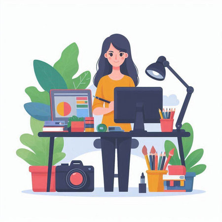 Freelance woman working at home. Vector illustration in flat styleのイラスト素材
