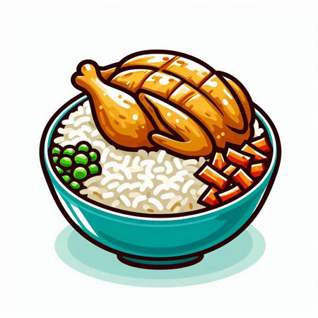 Illustration of a bowl of rice and chicken on a white backgroundのイラスト素材