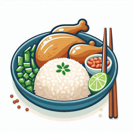 Illustration of a bowl of rice with chicken and chopsticks.のイラスト素材