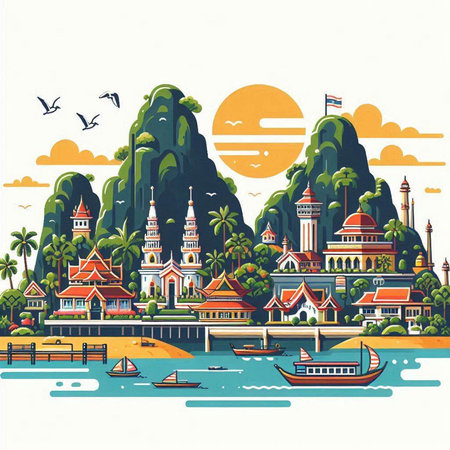 Landscape of Asia. Landmarks of Thailand. Vector illustration.のイラスト素材