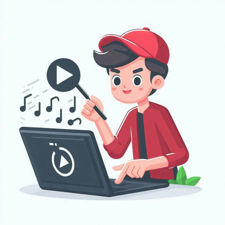 Cute cartoon boy with laptop and music player. Vector illustration.のイラスト素材
