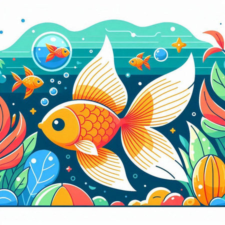 Illustration of a cute goldfish in the sea. Vector illustrationのイラスト素材
